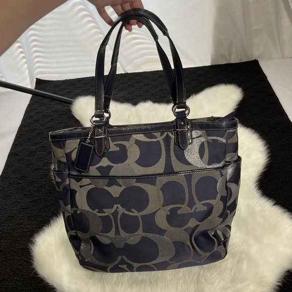 Coach Tote Bag Womens Large Blue Silver Signature F19675 Optic Art Purse Handbag - Picture 14 of 16